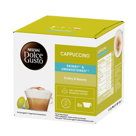Dolce Gusto Skinny & Unsweetened Cappuccino Coffee, Frothy and Roasty, 16 Capsules