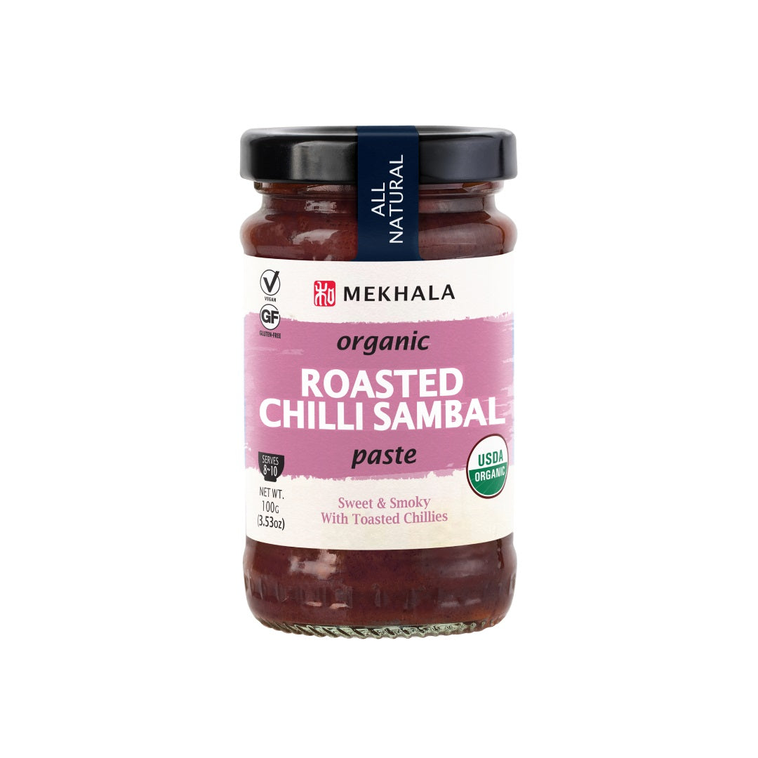 Mekhala Organic Roasted Chilli Sambal Paste - Sweet & Smoky with Toasted Chillies - Vegan & Gluten-Free - 100g